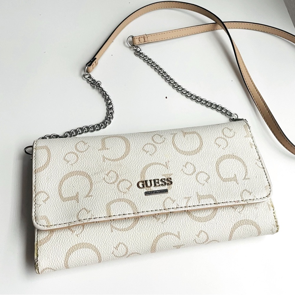 Guess Cream Tan Clutch with Monogram Print